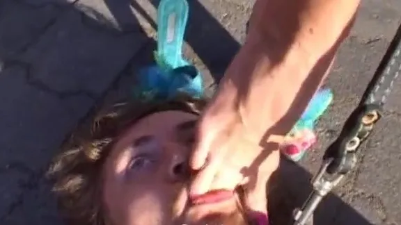 Preview supplied for Leashed slave licking mistresses bare feet after a pony play outdoors